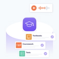 Illustration showing which educationional content can be speech-enabled using text-to-speech. There is an audio playing icon at the top. Below it, an academic hat icon, and then three icons next to the entries "textbooks", "coursework", and "tests".